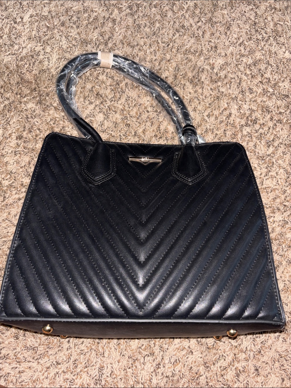 Aldo Black Quilted Chevron Tote with Gold Accents